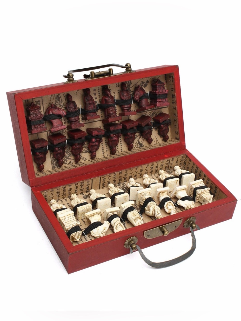 China Qin Dynasty Army Style 32 Bull-Bone Pieces Chess Set & Leather Wood Box